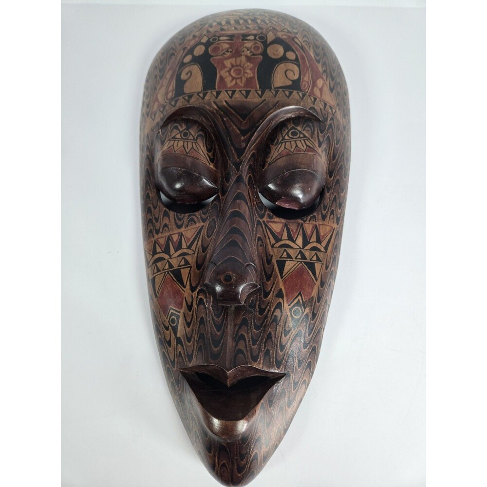 Hand Carved Wood Mayan Aztec Style Wall Mask 18" Painted Folk Art Decor